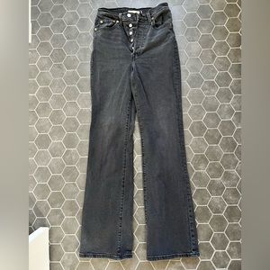 Levi’s ribcage boot cut button fly jeans. Gray wash, worn once.